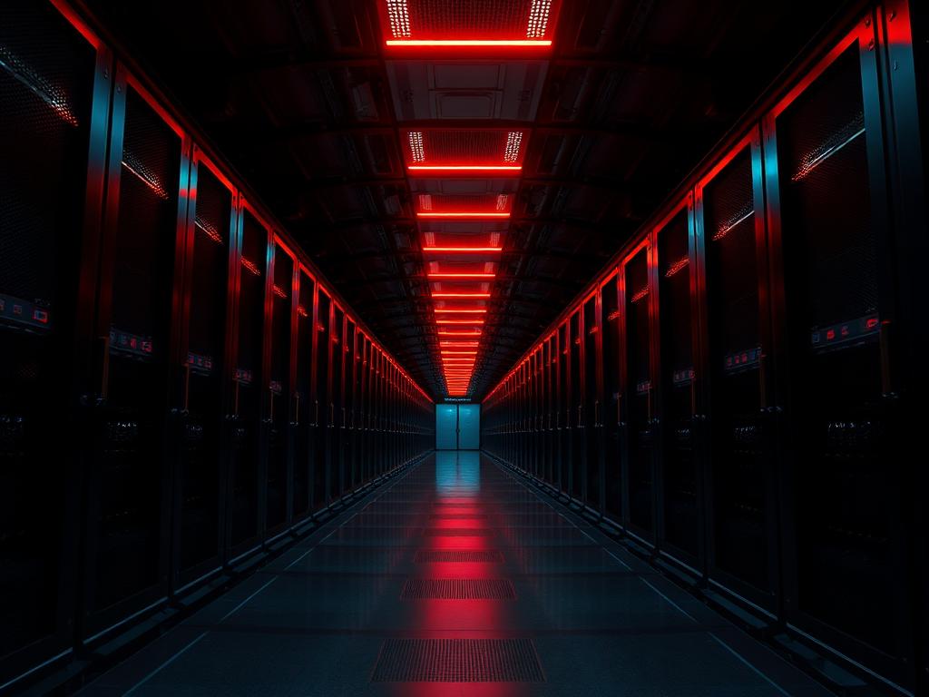 Dark data center corridor lit in orange